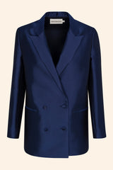 Shop blazer. Silk wool tailored blazer in navy with embroidered back