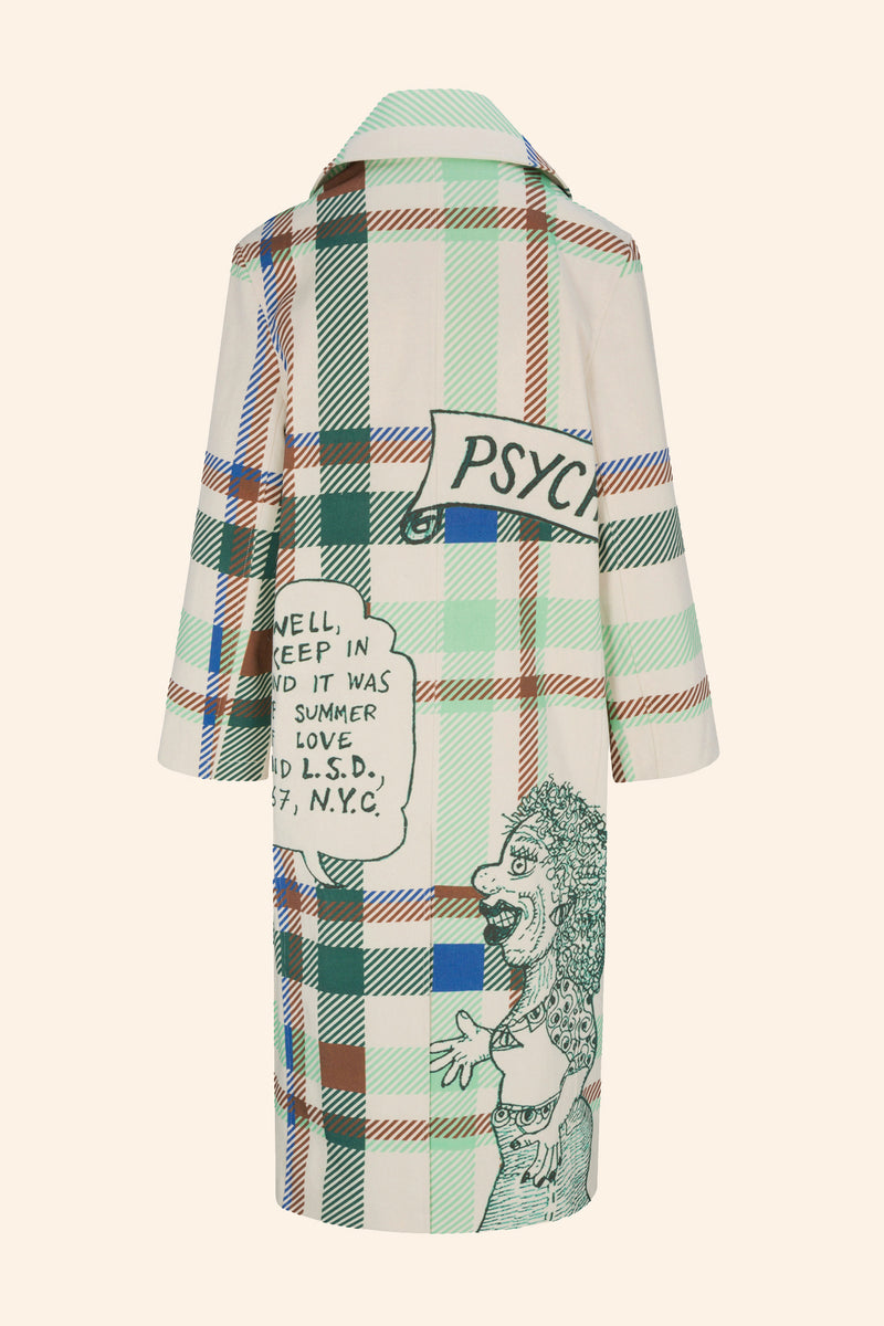Shop coat. Plaid denim with oversized Crumb comic