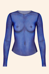 Shop tops. Nude illusion mesh long sleeve top in cobalt blue